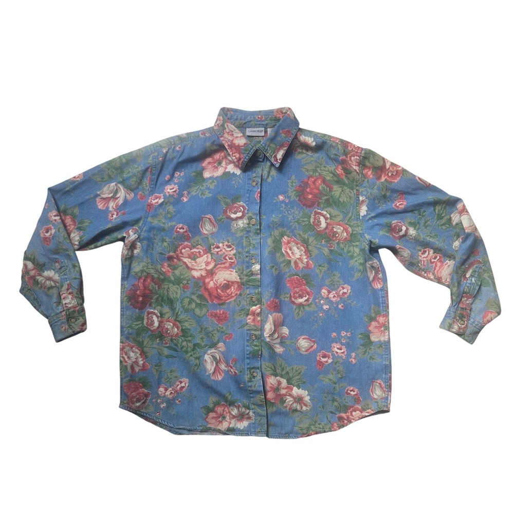 Cabin Creek Vintage Floral Denim Button Down Shirt Chambray Rose Cottagecore L